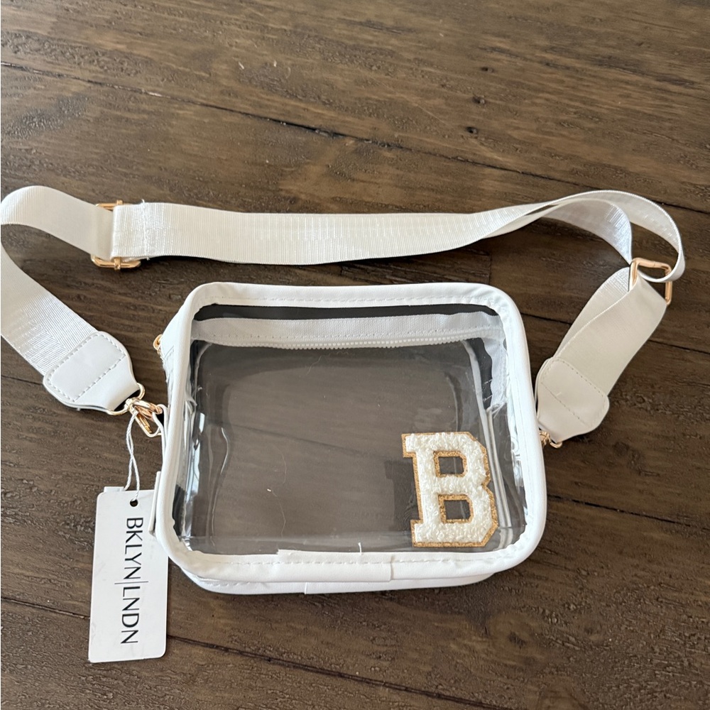 Clear Crossbody Bag with White Trim and Gold Letter B